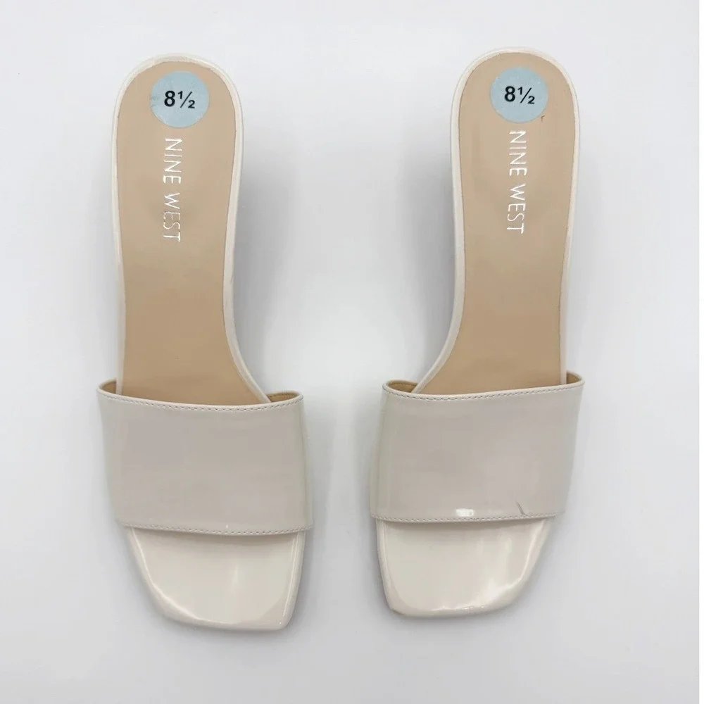 Nine West 8.5 White Patent Square Toe Kitten Heel Slide Sandals 90s Minimalist